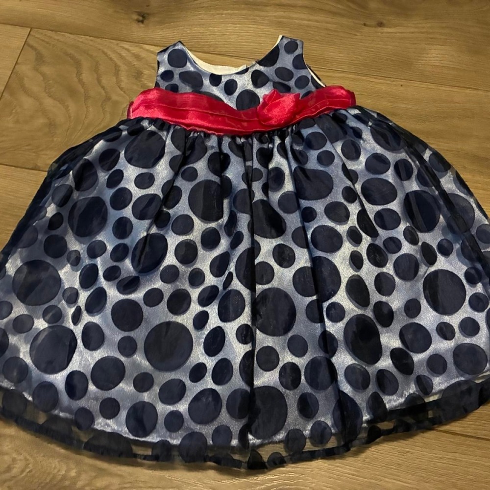 Cherokee Polka Dot Dress Baby Girl 12M Navy Blue NEW Red Bow Special Occasion